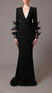 Feathered sleeves deep V neckline mermaid dress Jean-Louis Sabaji