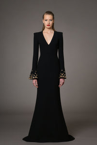 Her Trove-Crepe dress with embroidered bell sleeves