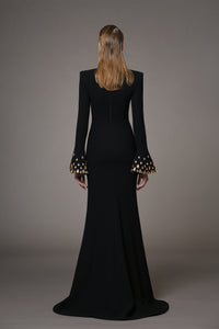 Her Trove-Crepe dress with embroidered bell sleeves