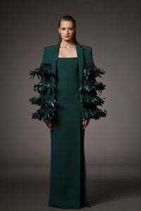 Her Trove-Crepe dress with cape in feathers