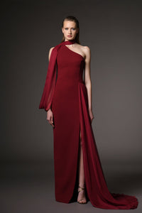 Her Trove-Asymmetric neckline crepe and chiffon dress