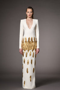 Her Trove-Plunging neckline crepe dress with feathers