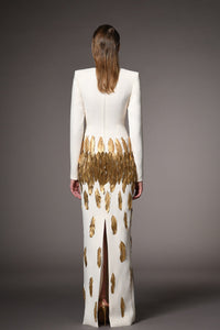 Her Trove-Plunging neckline crepe dress with feathers