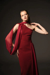 Her Trove-Asymmetric neckline crepe and chiffon dress