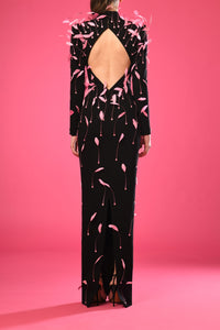 Open back long sleeves feathered dress - HerTrove