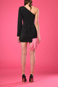 Asymmetric neckline one sleeve fully beaded dress - HerTrove