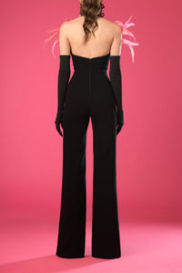 Feathered bodice crepe jumpsuit with gloves - HerTrove
