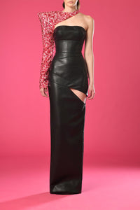 Black leather dress with crystals embroidered sleeve - HerTrove