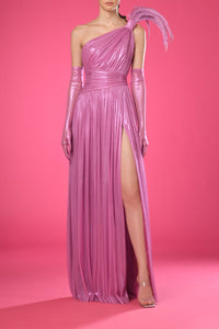 One shoulder gloves included silk foiled dress - HerTrove