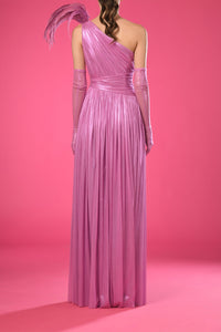 One shoulder gloves included silk foiled dress - HerTrove