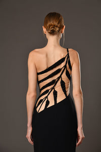 Her Trove-Crepe dress with leaves embroidery
