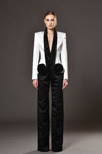 Her Trove-Satin blazer with crystal chainmill and pants