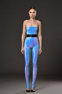 Her Trove-Holographic sequined jumpsuit with belt