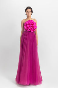Strapless long dress with satin flower design on the top; fully-pleated from the bottom. - HerTrove