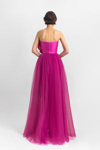 Strapless long dress with satin flower design on the top; fully-pleated from the bottom. - HerTrove