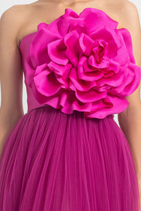 Strapless long dress with satin flower design on the top; fully-pleated from the bottom. - HerTrove