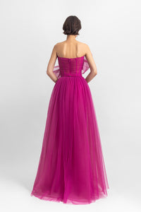 Bow-like strapless fully-pleated long dress - HerTrove
