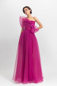 Bow-like strapless fully-pleated long dress - HerTrove