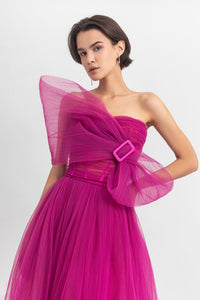Bow-like strapless fully-pleated long dress - HerTrove