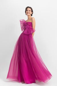 Bow-like strapless fully-pleated long dress - HerTrove