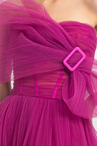 Bow-like strapless fully-pleated long dress - HerTrove