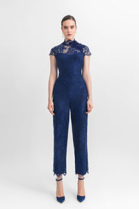 High-neckline lace top with flower details on the side, paired with straight-cut ankle-length pants - HerTrove