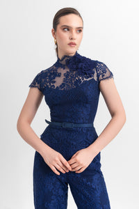 High-neckline lace top with flower details on the side, paired with straight-cut ankle-length pants - HerTrove