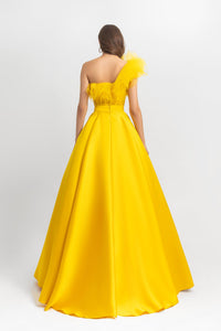 One-shoulder long dress; ruffled tulle corset paired with a wide cut heavy satin skirt - HerTrove
