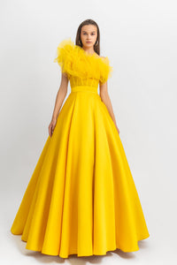 One-shoulder long dress; ruffled tulle corset paired with a wide cut heavy satin skirt - HerTrove