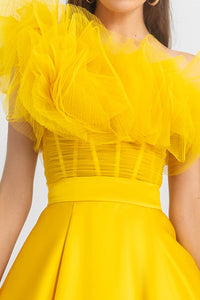 One-shoulder long dress; ruffled tulle corset paired with a wide cut heavy satin skirt - HerTrove