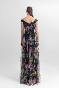 Off-shoulder long floral tulle top with an open slit at the front, paired with straight-cut crepe pants. - HerTrove