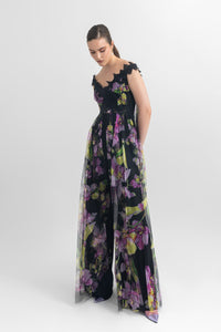 Off-shoulder long floral tulle top with an open slit at the front, paired with straight-cut crepe pants. - HerTrove