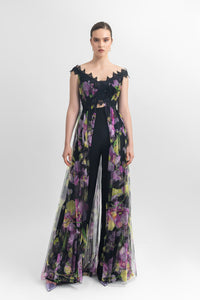 Off-shoulder long floral tulle top with an open slit at the front, paired with straight-cut crepe pants. - HerTrove