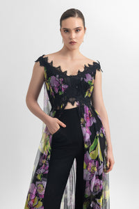 Off-shoulder long floral tulle top with an open slit at the front, paired with straight-cut crepe pants. - HerTrove