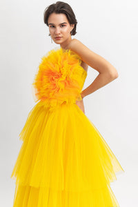 Draped flower corset long dress with a fully pleated lower part - HerTrove