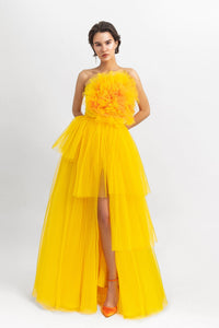 Draped flower corset long dress with a fully pleated lower part - HerTrove