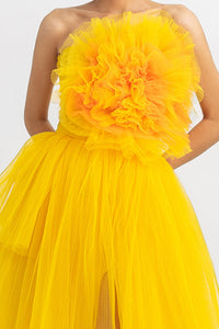 Draped flower corset long dress with a fully pleated lower part - HerTrove