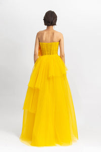 Draped flower corset long dress with a fully pleated lower part - HerTrove