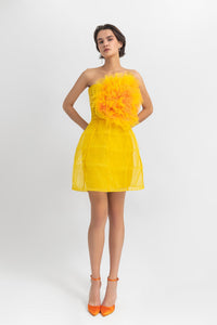Flower draped tulle corset, paired with a cage design mini skirt. - HerTrove