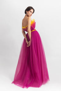 Strapless tulle top with ruffled details, paired with a fully-pleated tulle long skirt and a detachable belt - HerTrove