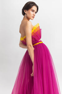 Strapless tulle top with ruffled details, paired with a fully-pleated tulle long skirt and a detachable belt - HerTrove