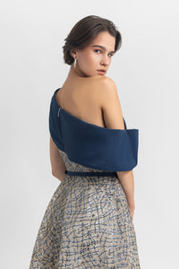 A-line beaded dress with an asymmetrical draped neckline, paired with a detachable belt - HerTrove