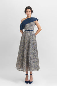 A-line beaded dress with an asymmetrical draped neckline, paired with a detachable belt - HerTrove