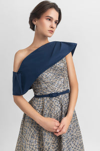 A-line beaded dress with an asymmetrical draped neckline, paired with a detachable belt - HerTrove
