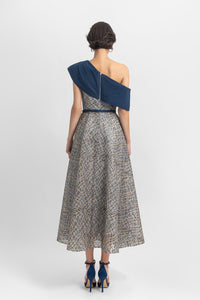 A-line beaded dress with an asymmetrical draped neckline, paired with a detachable belt - HerTrove