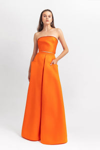 Strapless satin long dress with sequins details on the back; with front pockets on the skirt - HerTrove