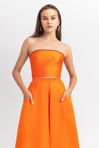 Strapless satin long dress with sequins details on the back; with front pockets on the skirt - HerTrove