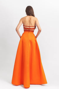 Strapless satin long dress with sequins details on the back; with front pockets on the skirt - HerTrove