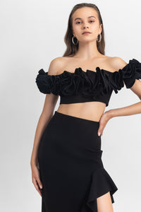 Ruffled off-shoulders crepe dress with an asymmetrical skirt with ruffled details and a
 slit on the side - HerTrove