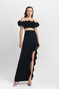 Ruffled off-shoulders crepe dress with an asymmetrical skirt with ruffled details and a
 slit on the side - HerTrove